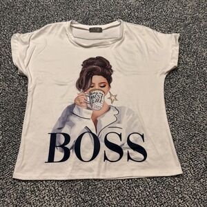 Pemberley Women's White "BOSS" Graphic T-Shirt Chic Fashion Illustration Tee